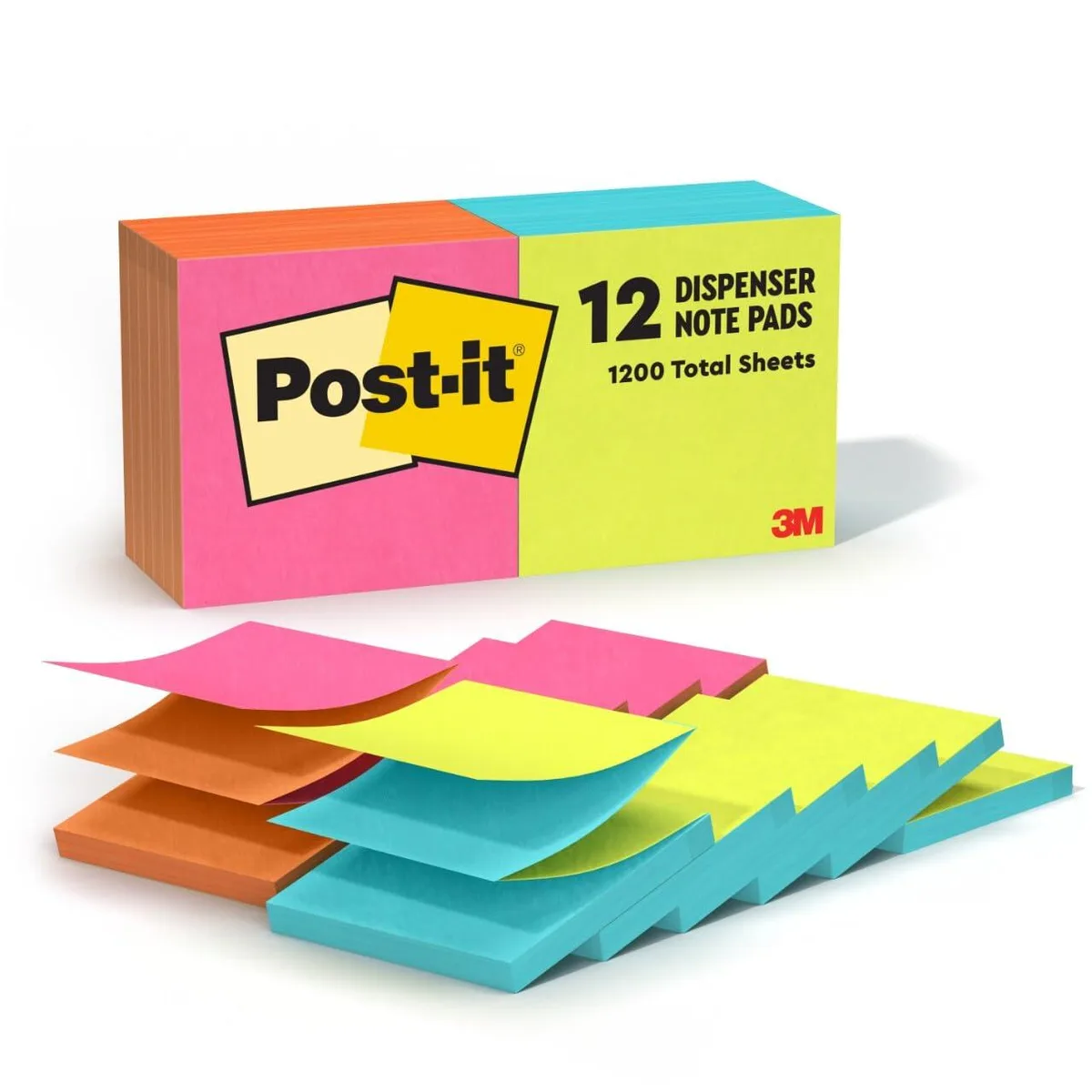 Twelve square pop-up note pads in bright alternating colours, 3 by 3 inches