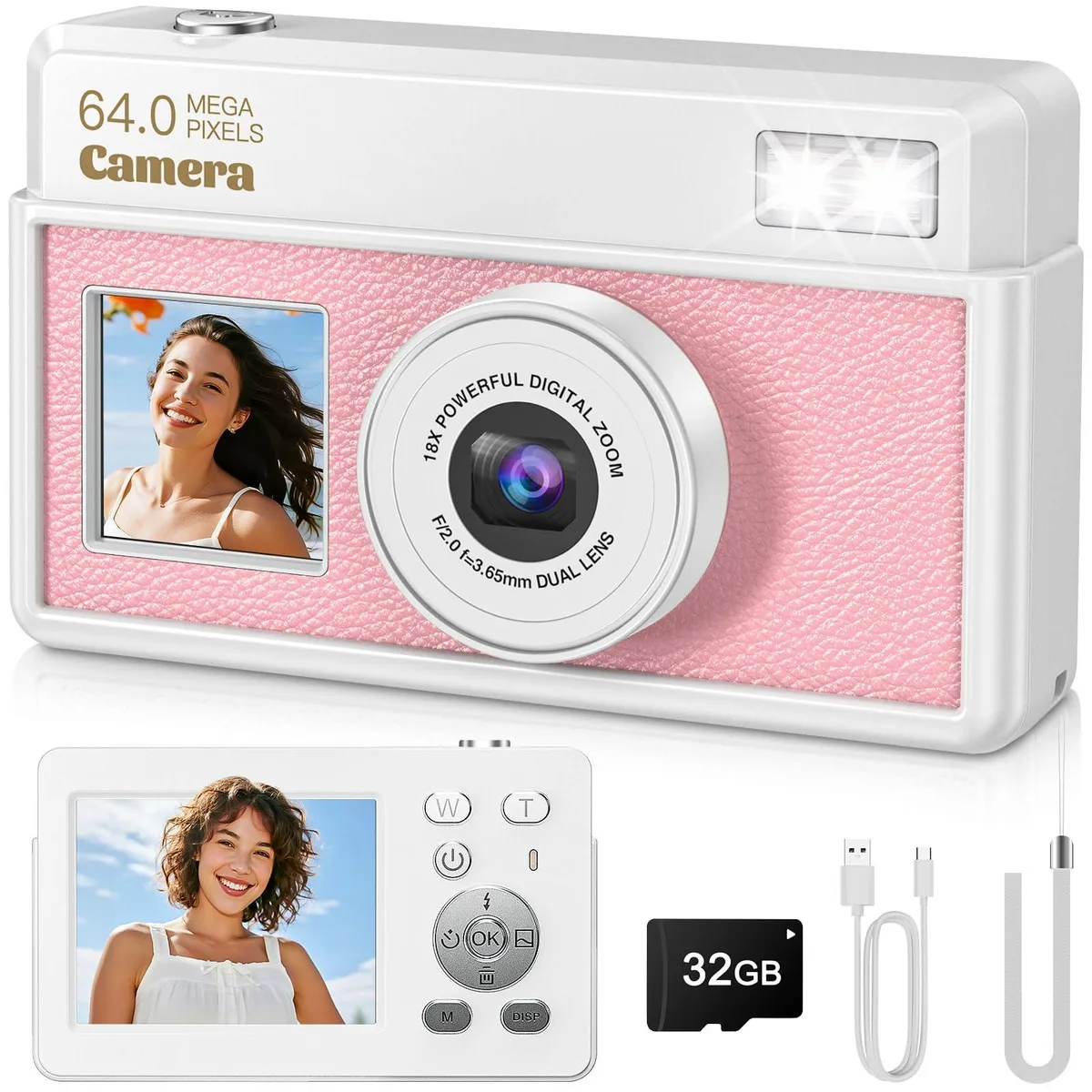  VisionX K8 64MP 4K Digital Camera White Pink 2.8" 32GB — product photo