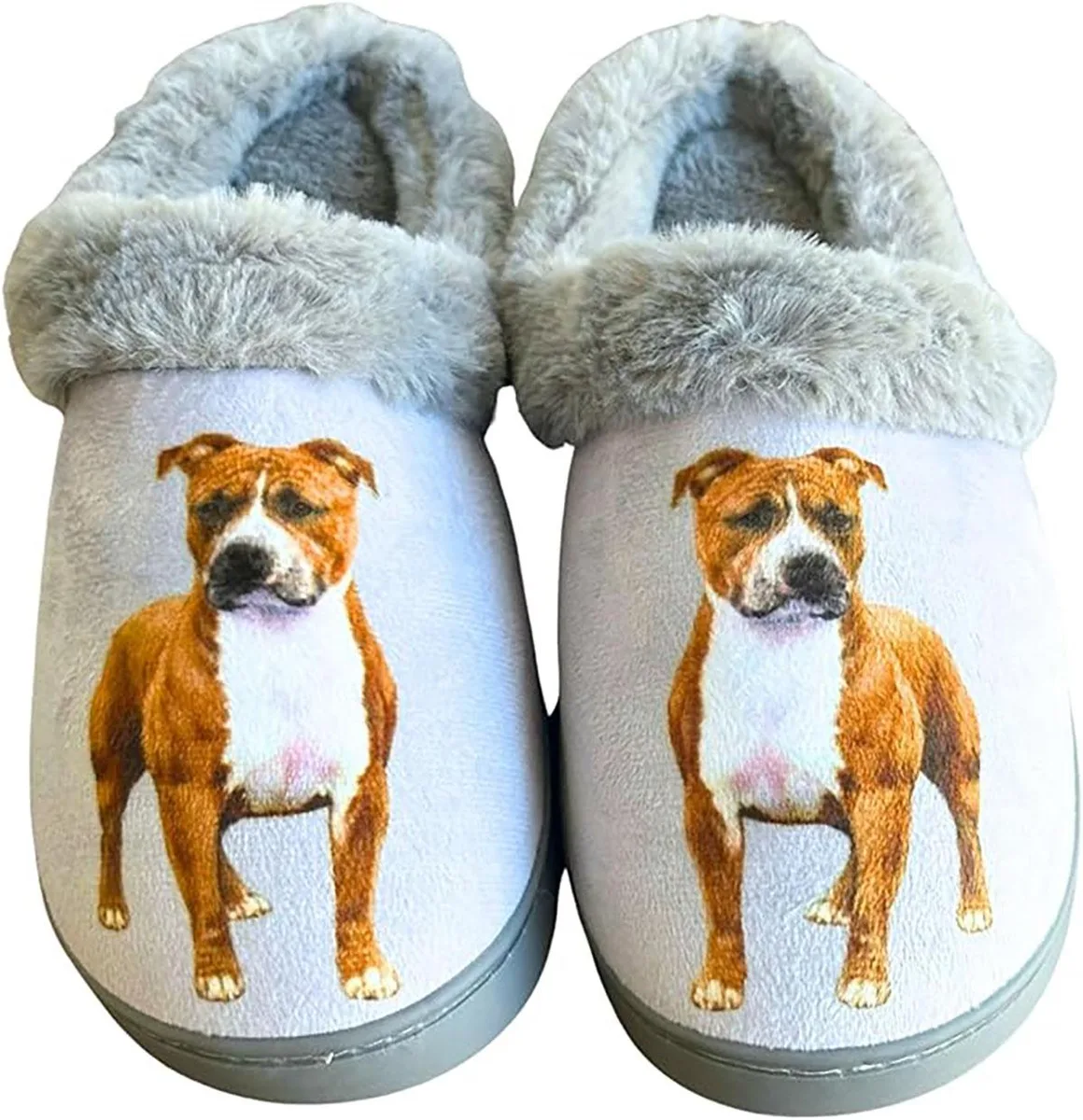Pair of Pitbull-print fuzzy slippers with memory foam and rubber sole