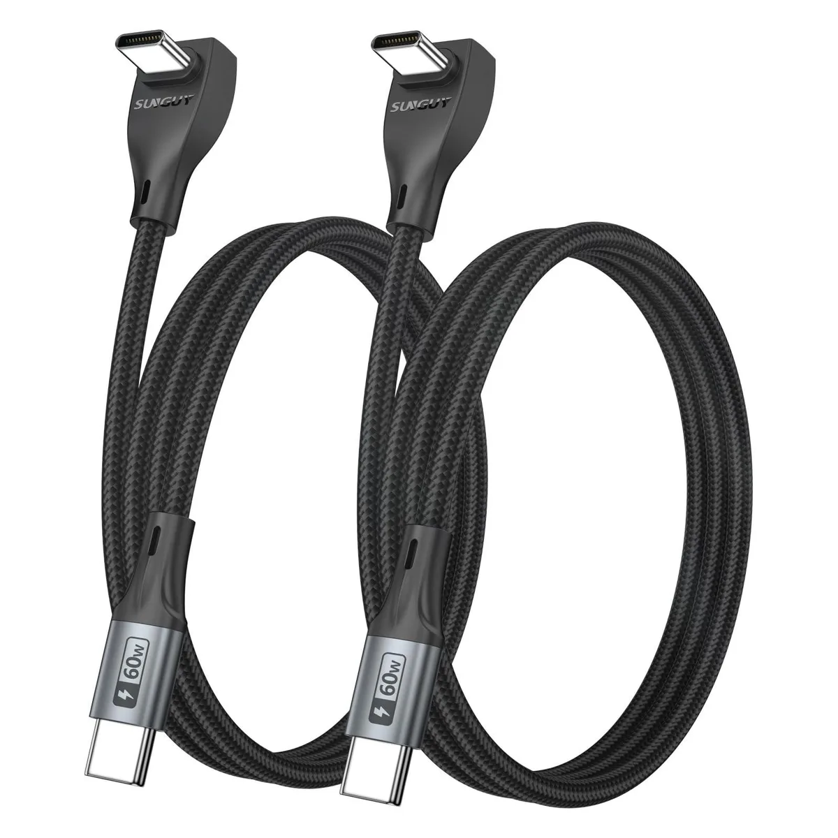 Two grey braided USB-C cables with 90-degree angled connectors, 3.3 ft each