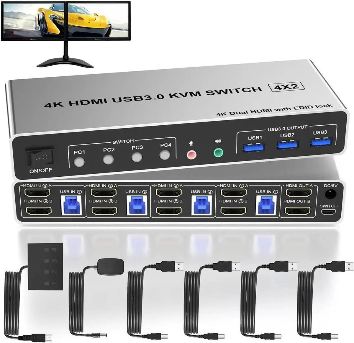 Vszerda Vszerda 4-Port Dual-Monitor HDMI KVM Switch 4K 60Hz USB 3.0 3 Ports Audio Mic Wired Remote — product photo