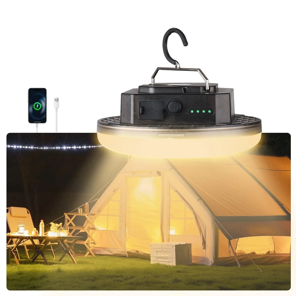 Black cylindrical lantern with transparent top, magnetic hook and hanging loop