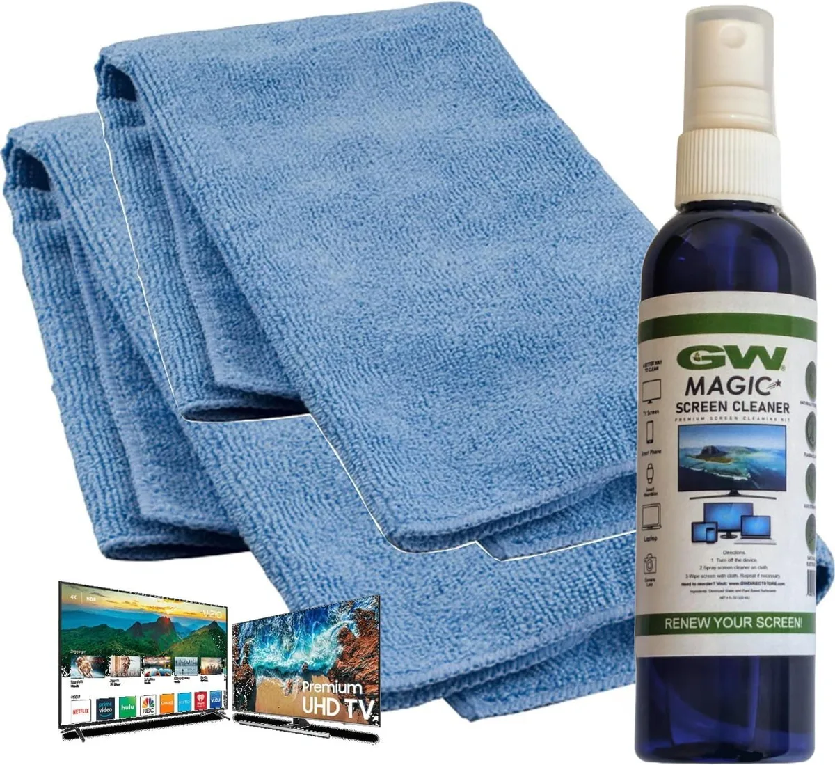 Screen cleaner kit with spray bottle and two microfibre cloths