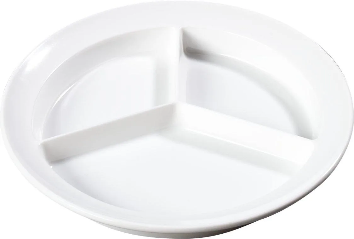 White round ceramic plate with three deep compartments, glossy striped finish, 8.75 inches diameter