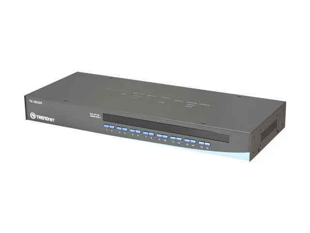 Black 16-port rack-mount KVM switch with front push buttons and status LEDs