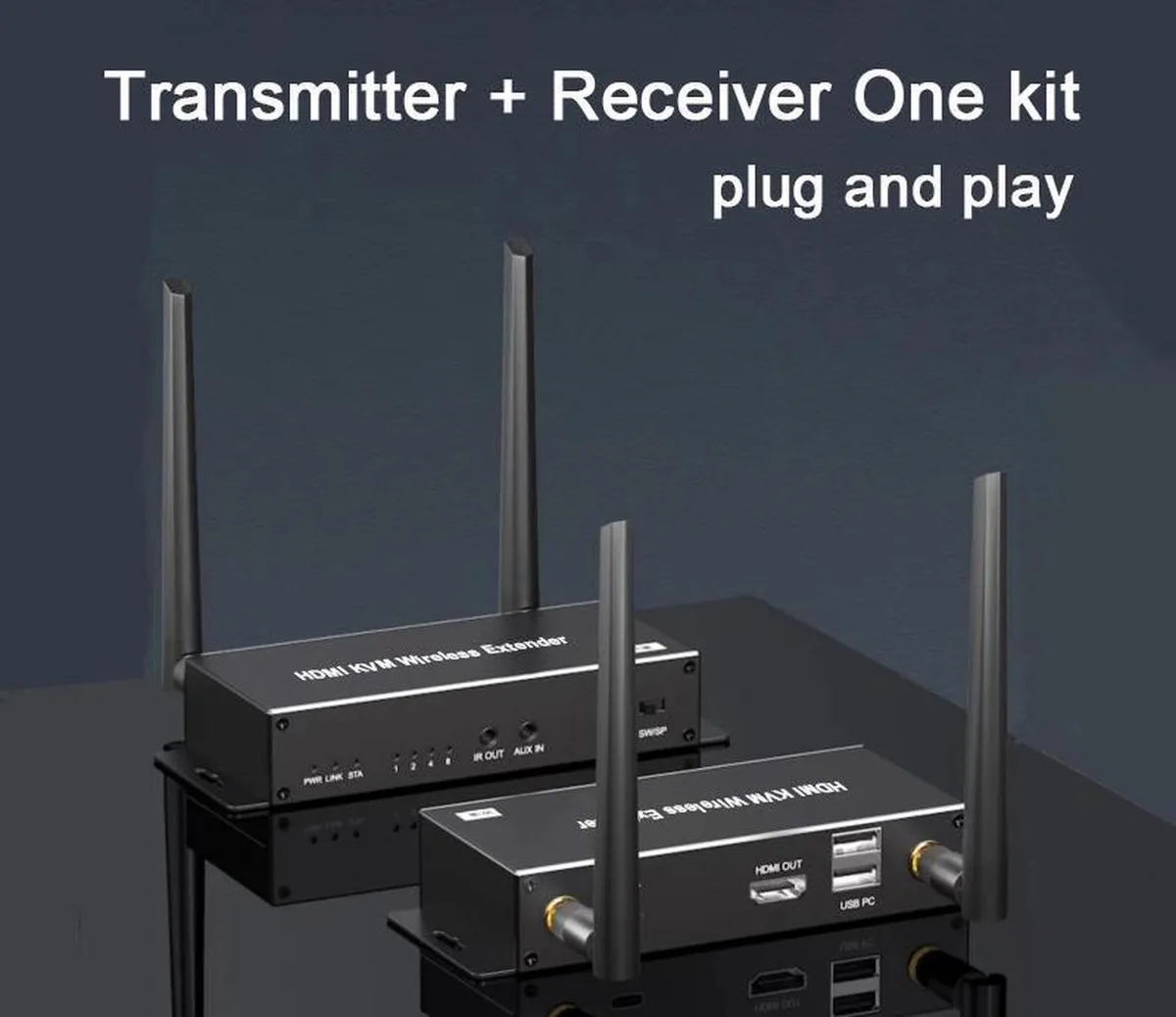 A black transmitter and receiver pair with HDMI ports and antennas