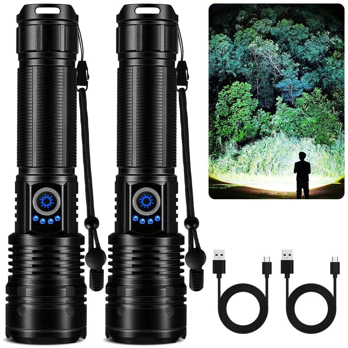 Two silver cylindrical flashlights with adjustable heads and power indicators