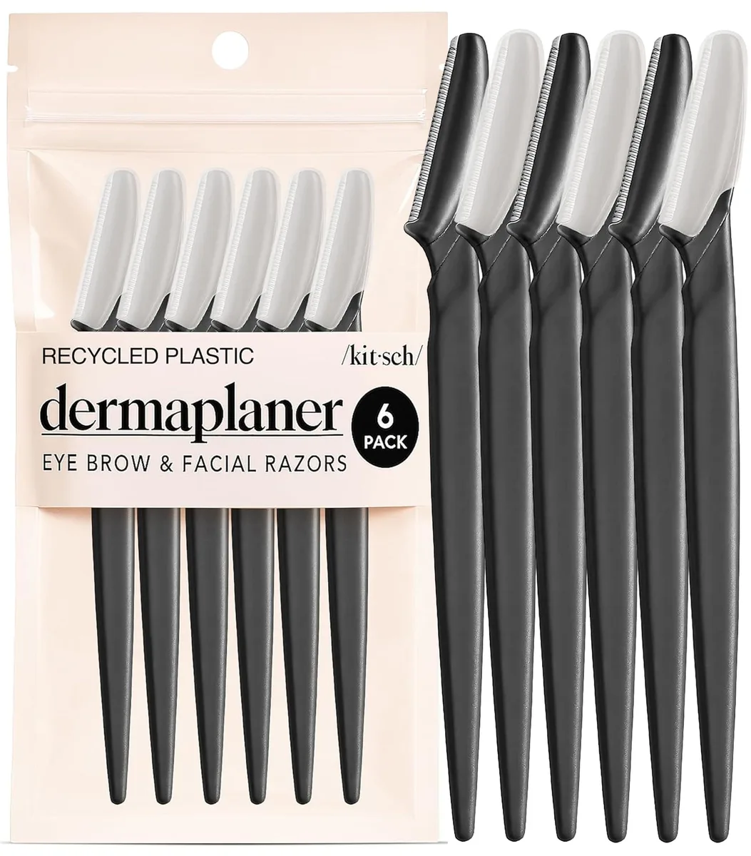 Six black dermaplane razors with slim handles and protective caps