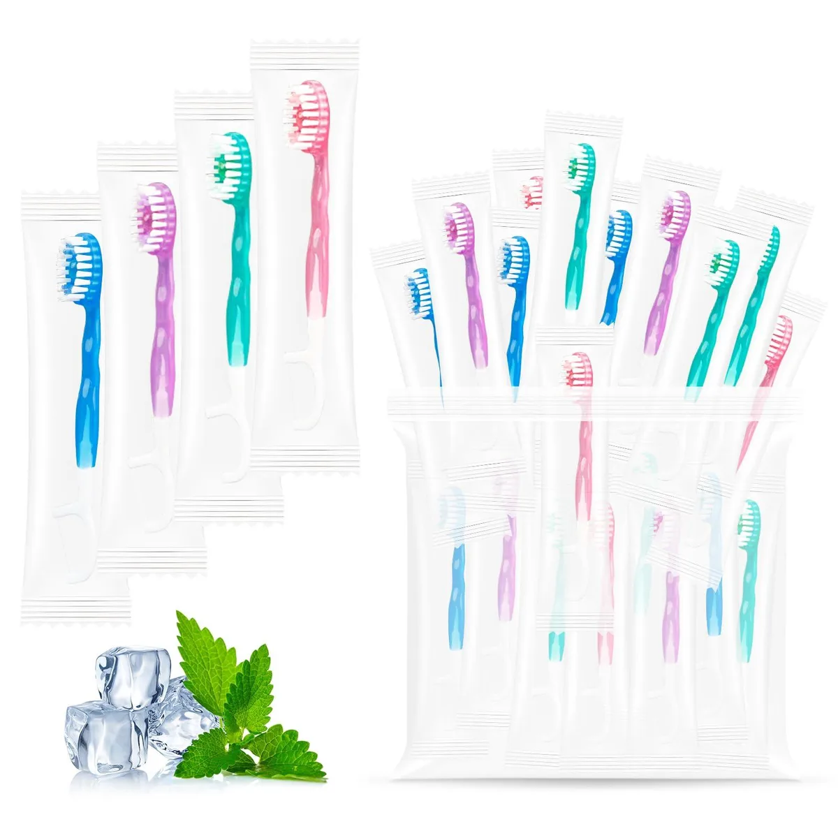 Box of 24 individually wrapped mini toothbrushes in four colours