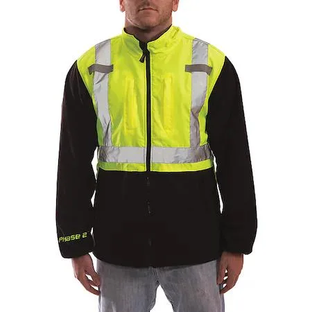 High-visibility green and yellow fleece jacket with zipper front and elastic cuffs