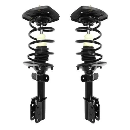 A pair of silver rear strut assemblies with black coil springs, ready to install