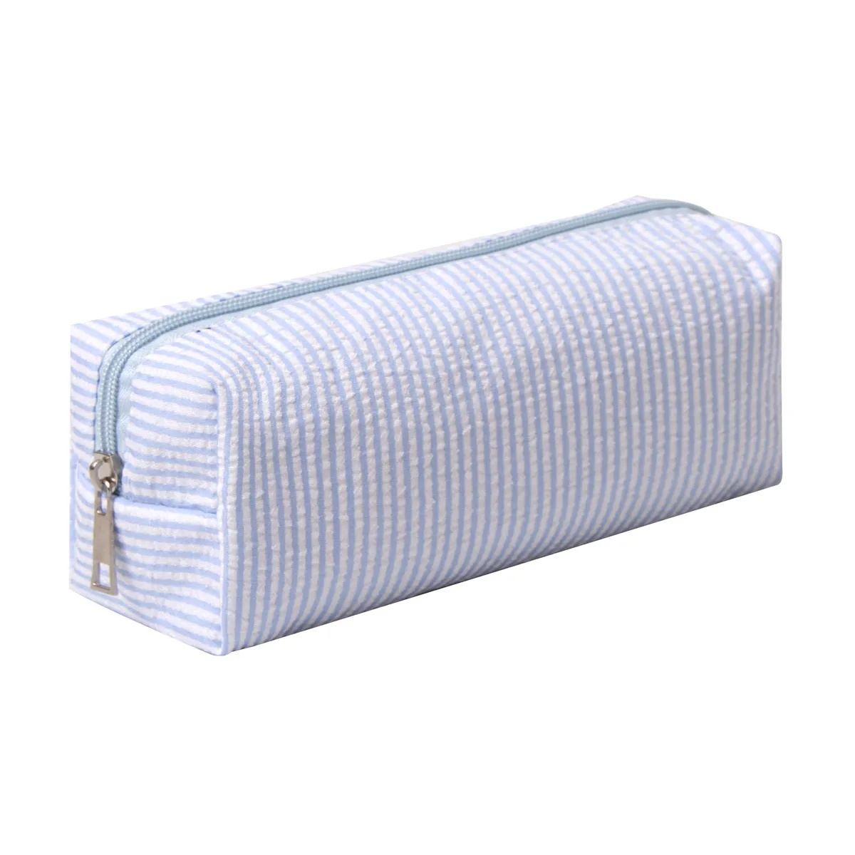 Light blue nylon pencil case with streak pattern, cube shape, zip closure