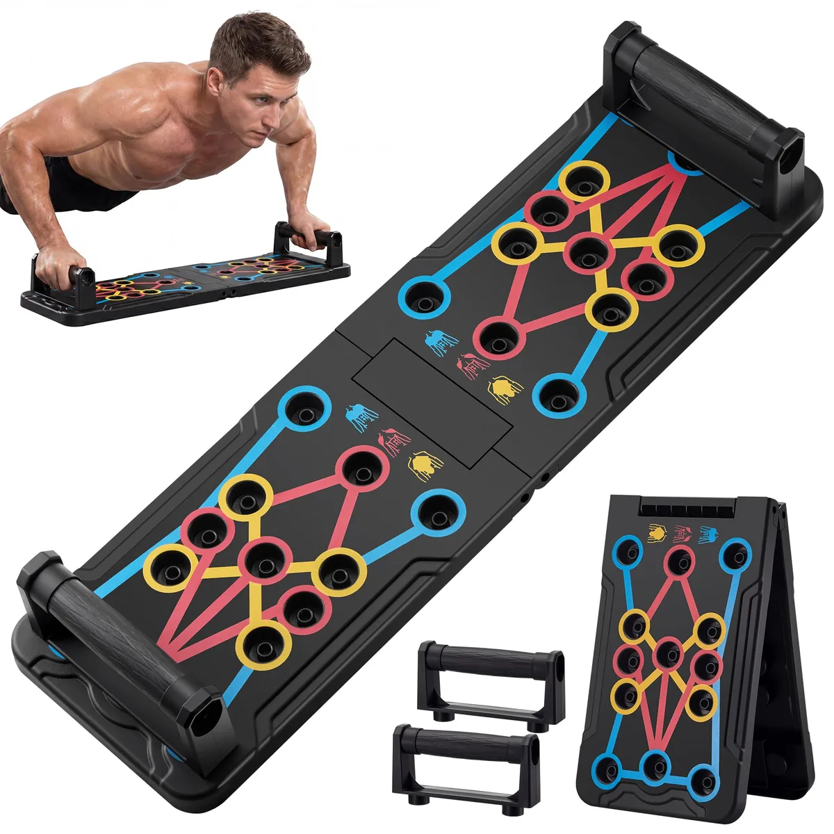Black ABS foldable push-up board with 15 angled slots, ergonomic handles and non-slip mat
