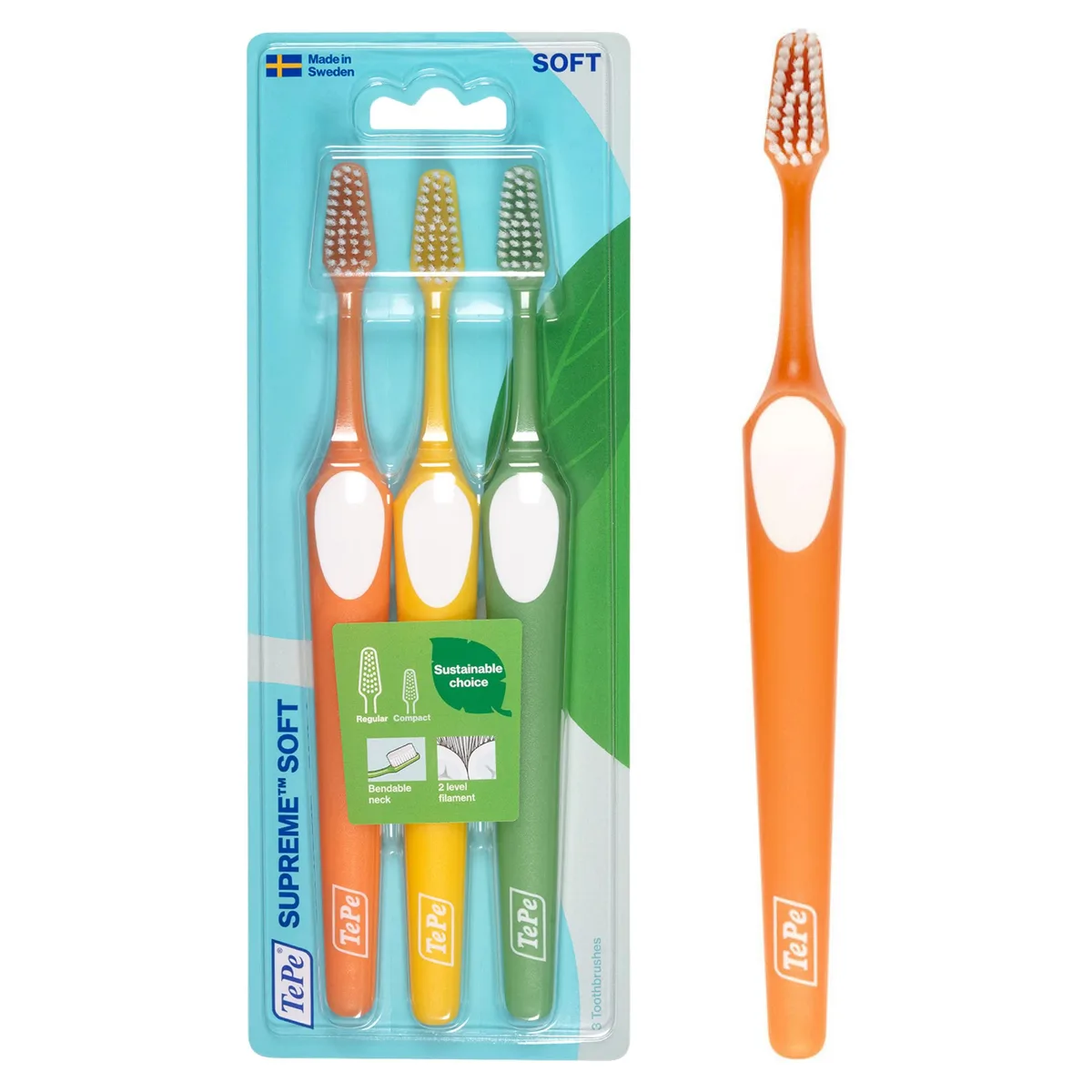 Three soft manual toothbrushes with tapered heads and angled necks in a pack