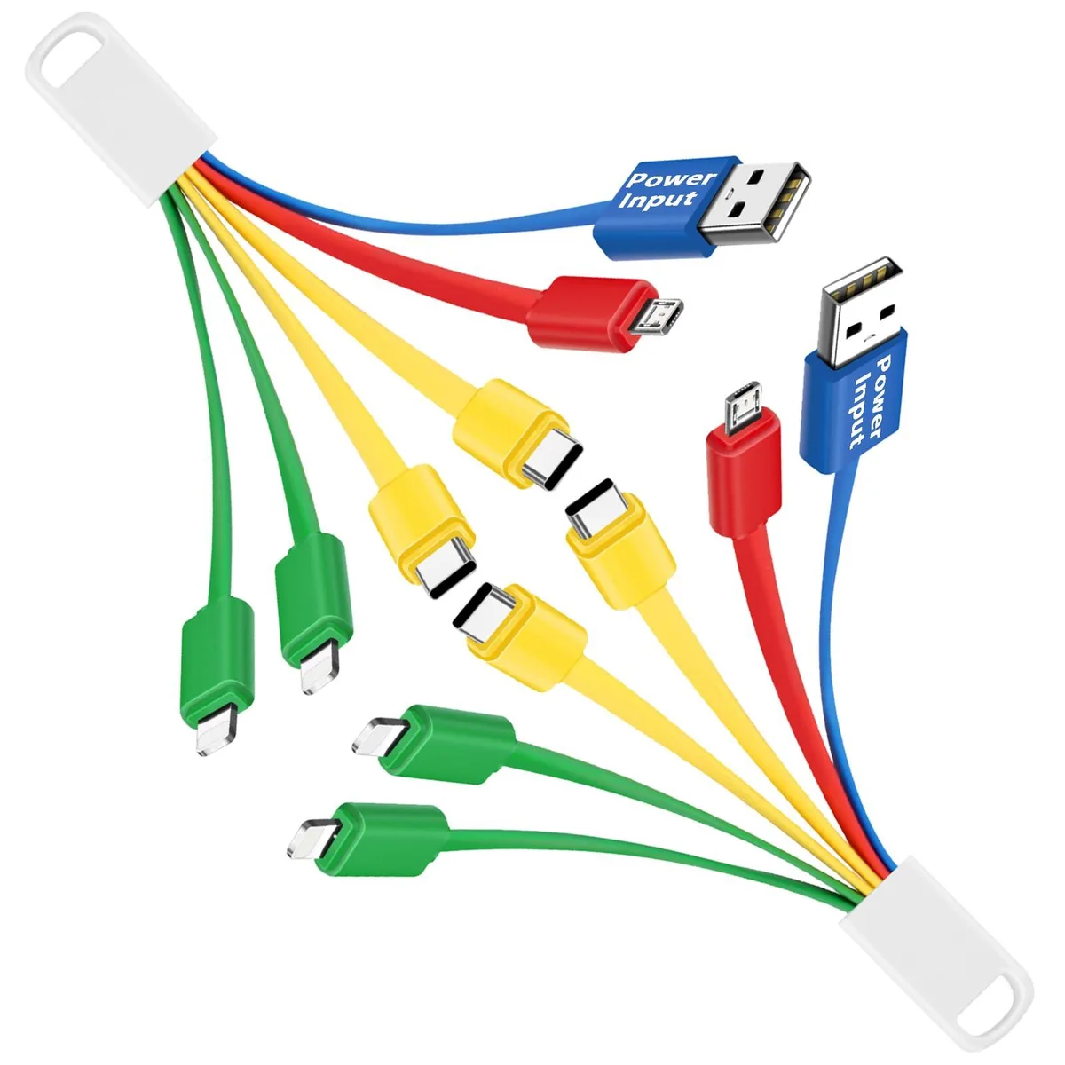 Two short multicoloured charging cables with multiple connector ends side by side