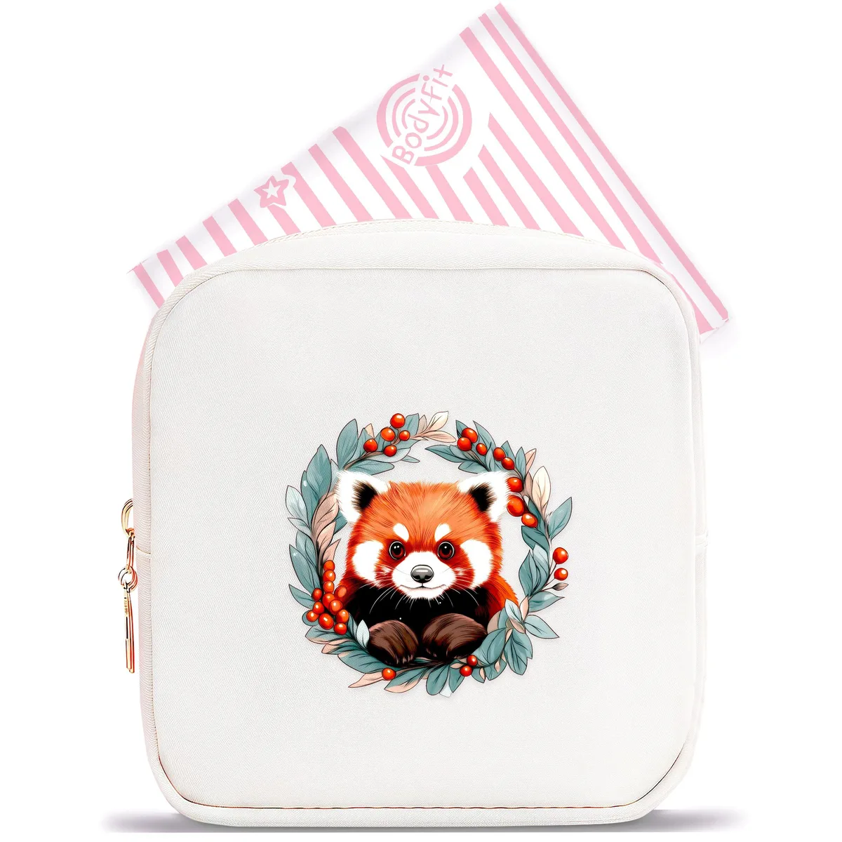 Small square cotton pouch with red panda print, metal zipper, .8 in thick