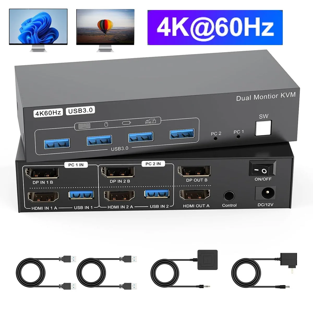WRIARICH WRIARICH Dual Monitor KVM Switch 2×2 4K@60Hz HDMI DP 4 USB 3.0 Wired Remote — product photo