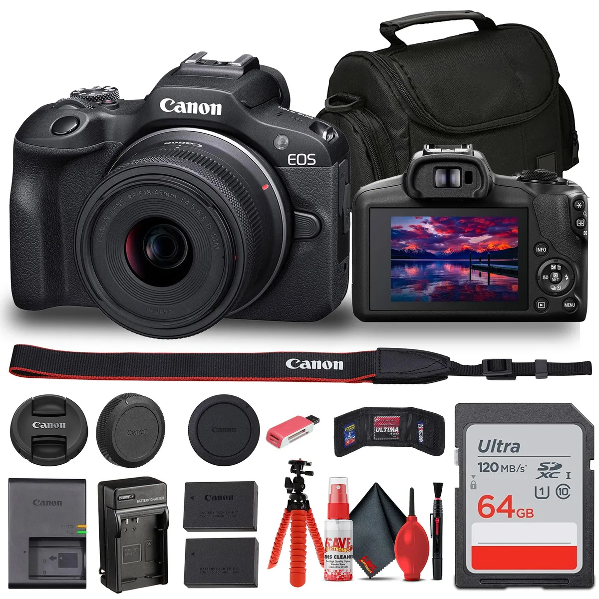 Canon Canon EOS R100 24.1MP APS-C Kit 18-45mm Bag 64GB Card Battery Charger Tripod — product photo