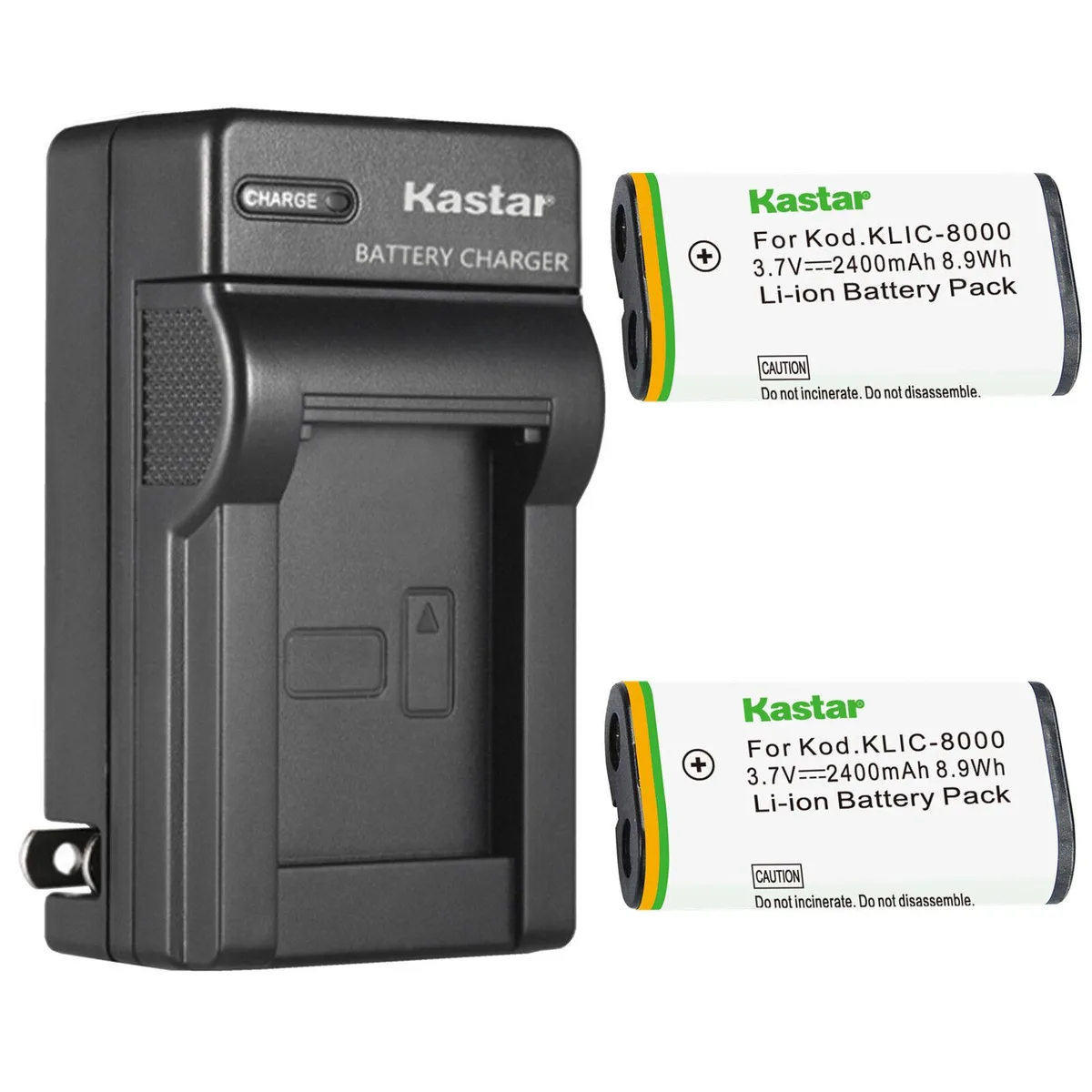 Kastar Kastar KLIC-8000 2-pack Li-Ion camera battery and AC wall charger — product photo