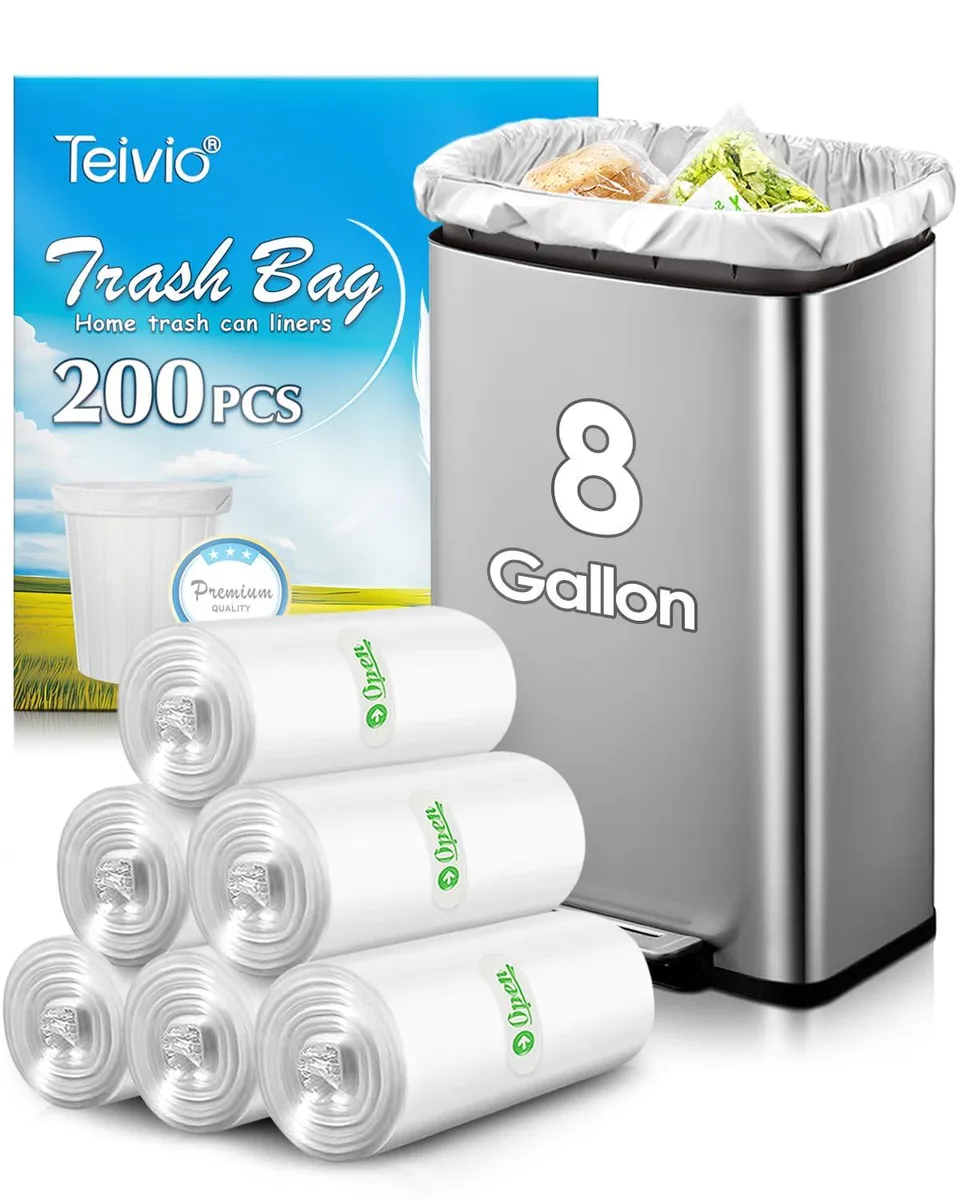 Box of 200 clear plastic trash bags on a roll