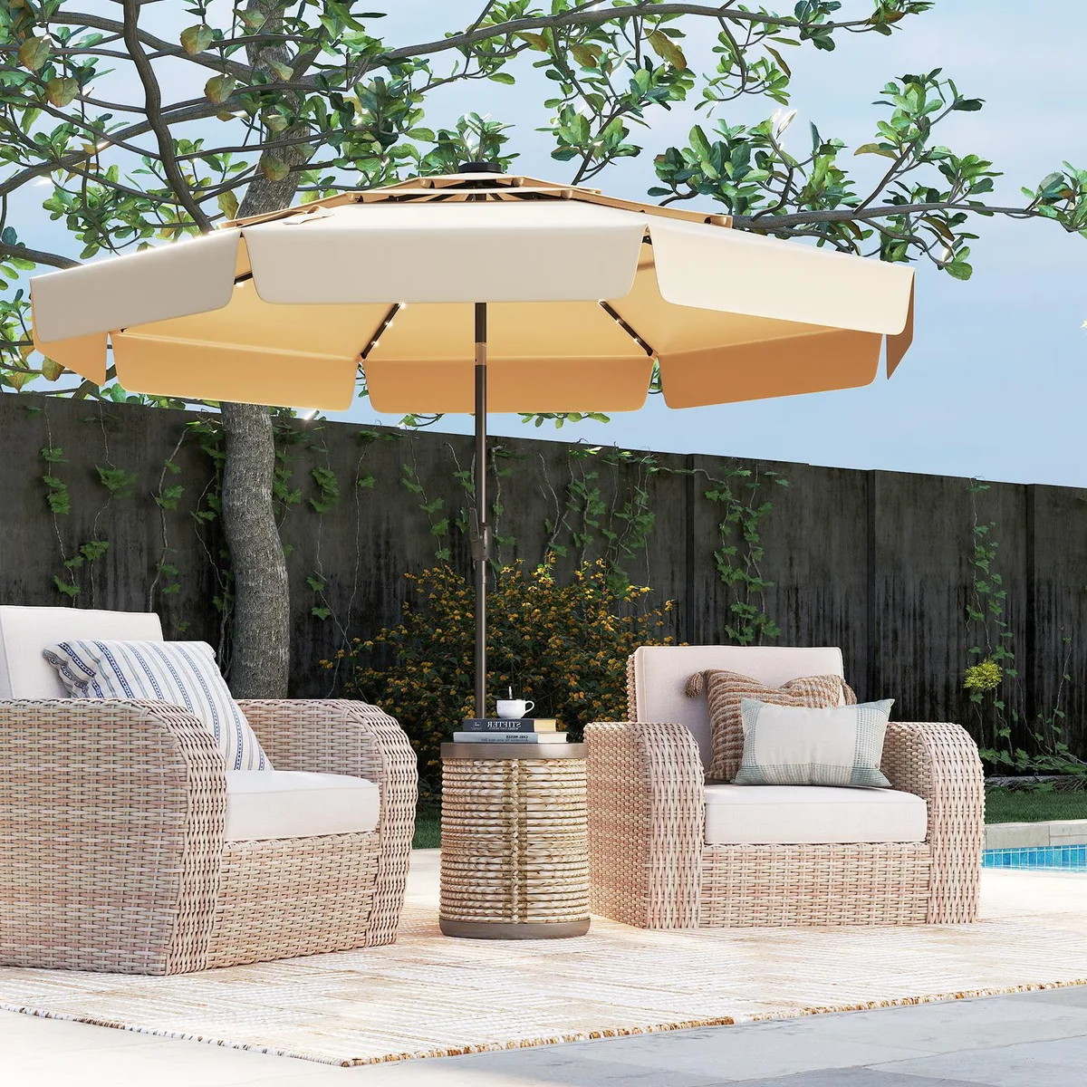 Beige 10 ft solar patio umbrella with three-tier vented canopy and LED-lit ribs