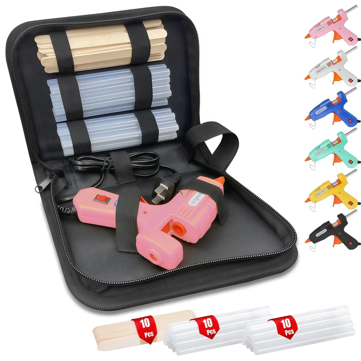  MONVICT SD-A601 30W Pink Mini Glue Gun Kit with Case, 20 Sticks, 10 Wood Sticks — product photo