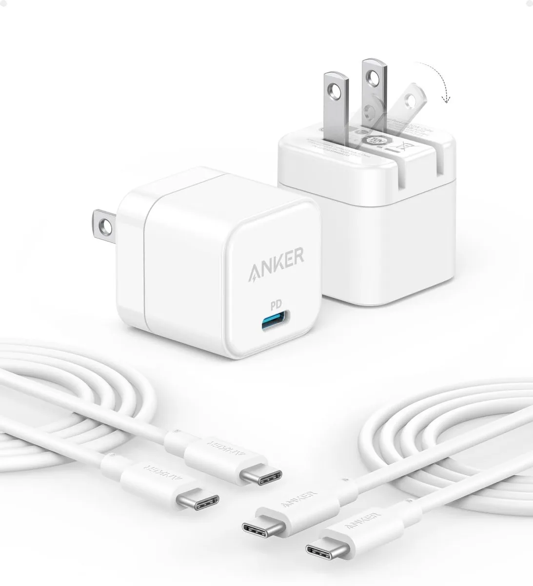 Two compact white USB-C wall chargers with foldable prongs and matching cables