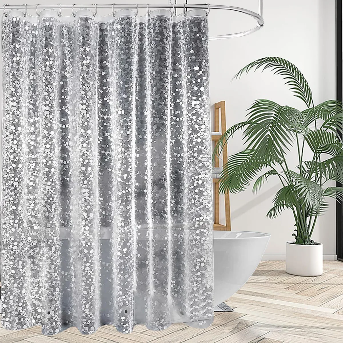 White 72x72 inch EVA shower liner with 12 metal grommets and bottom magnets