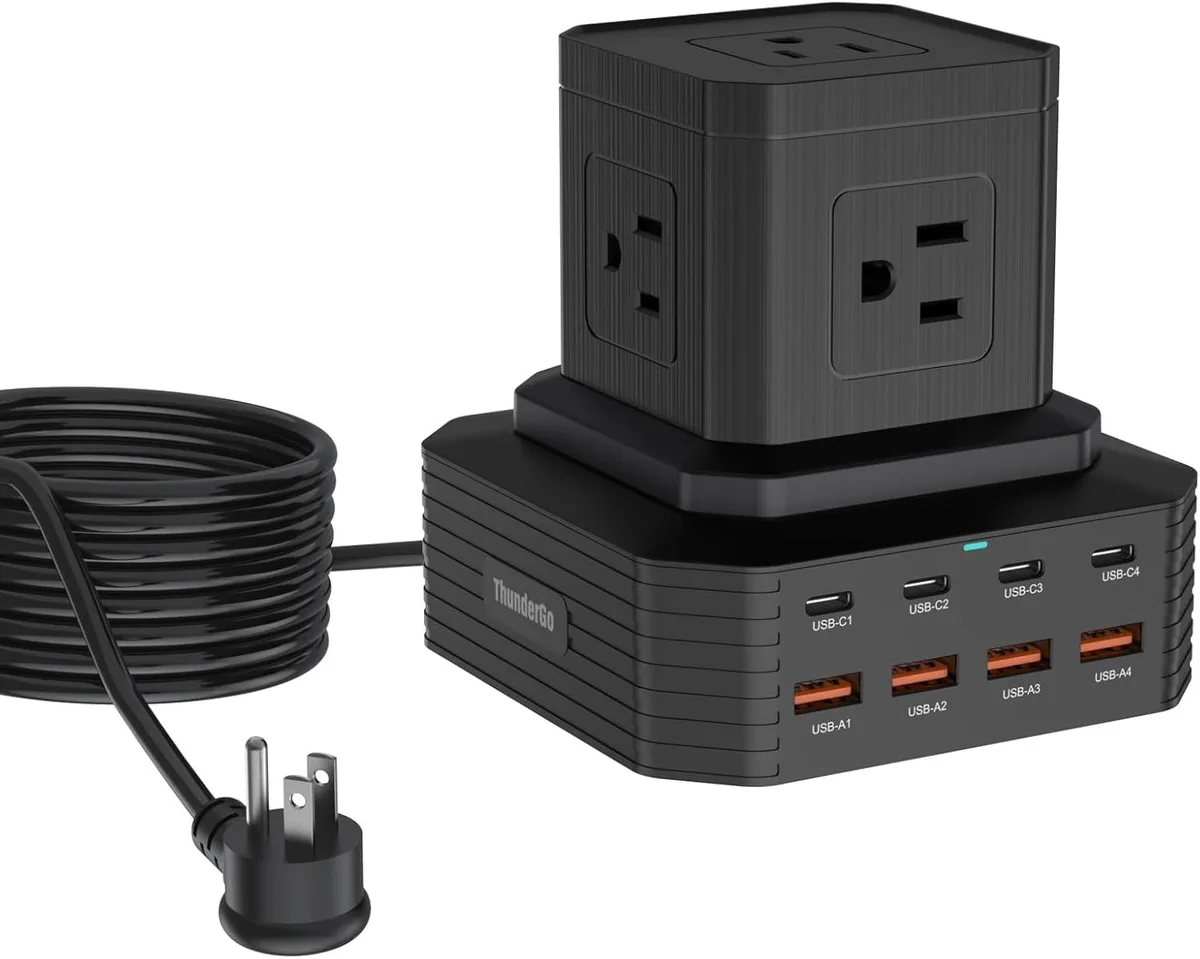 Compact vertical charging tower with five AC outlets and eight USB ports in a dark finish