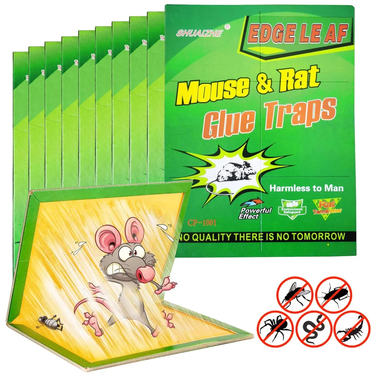 Ten flat rectangular glue boards in a stack, light brown cardboard with glossy adhesive surface