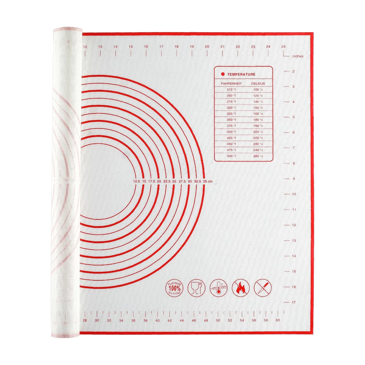 Rectangular beige silicone mat 27 by 19 inches with printed rulers and circles