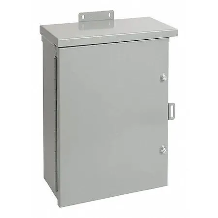 Rectangular gray galvanized steel wall-mount enclosure with hinged solid cover and padlock hasp