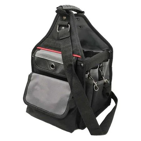 Black polyester tool tote with reinforced bottom, open top, 12 pockets and shoulder strap