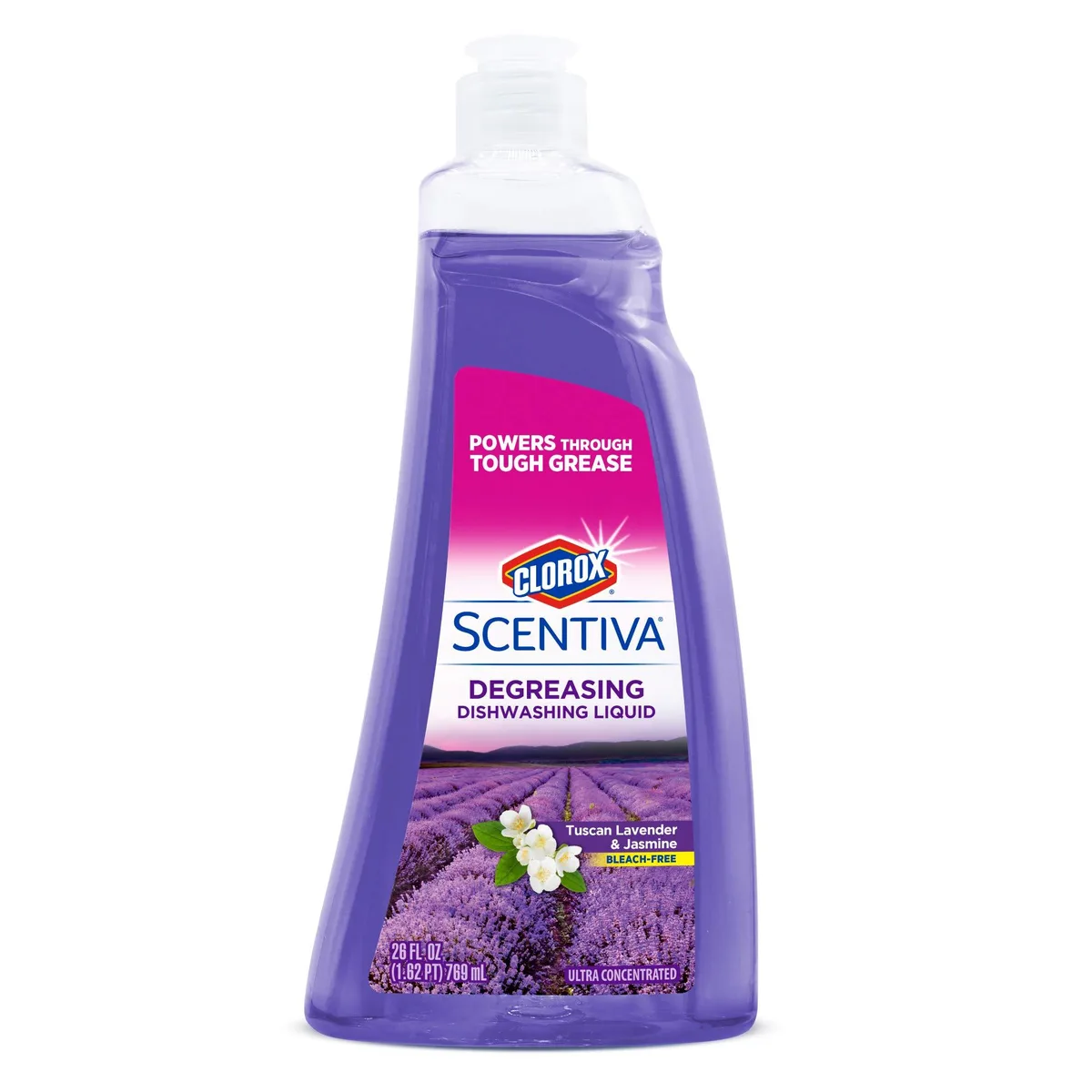 White 26 fl oz bottle of ultra-concentrated liquid dish soap with Tuscan Lavender and Jasmine scent