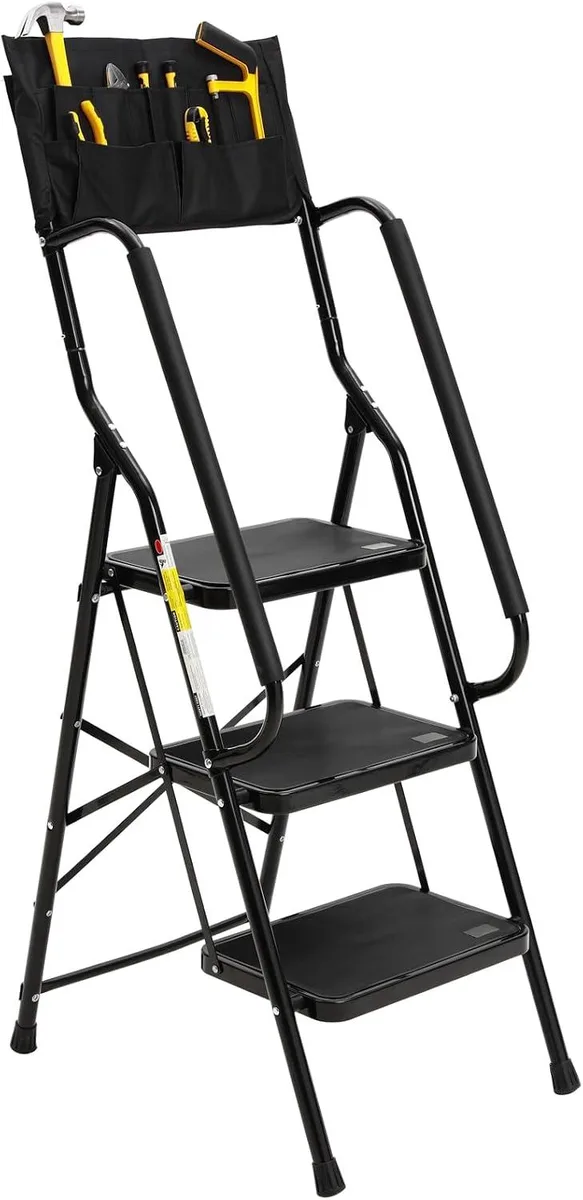 Three-step steel folding ladder with handrails and attached tool bag