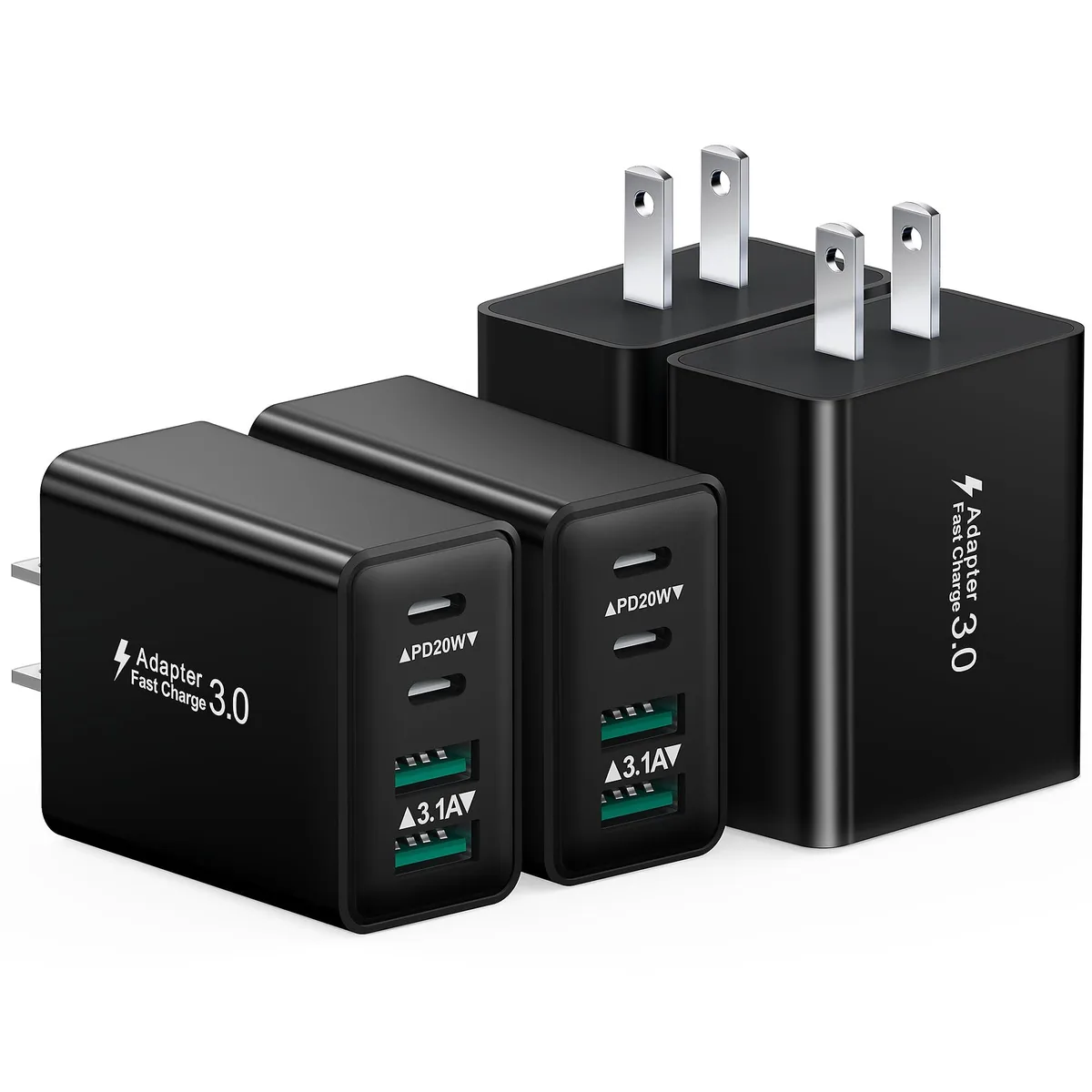 Four small white wall chargers each with two USB-C and two USB-A ports