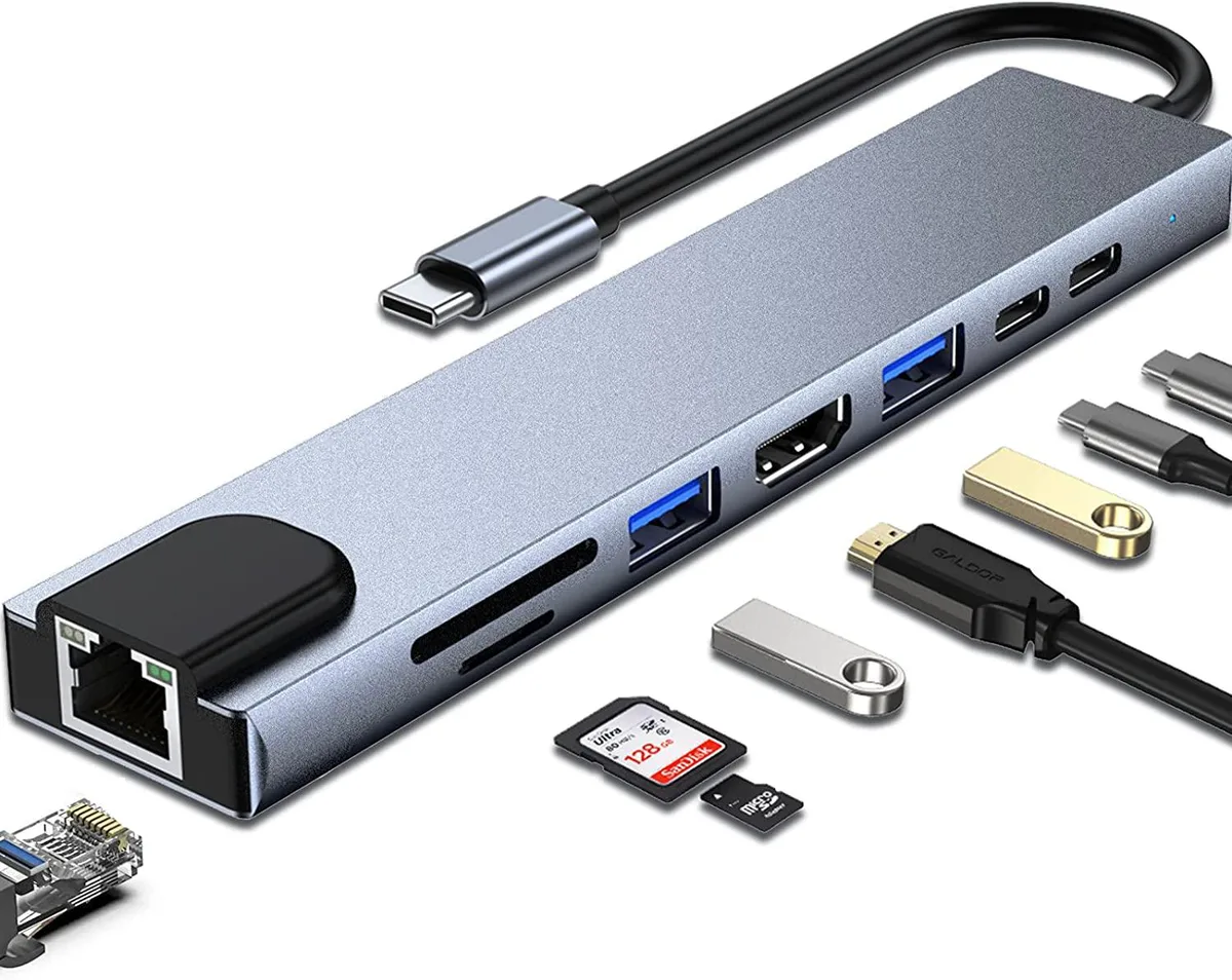 BONAEVER BONAEVER 8-in-1 USB-C Hub HDMI 4K 30Hz Ethernet Grey — product photo
