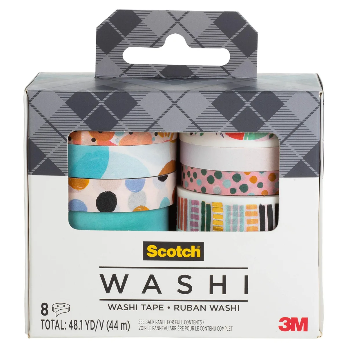 Eight rolls of patterned washi tape in a multi-colour pack