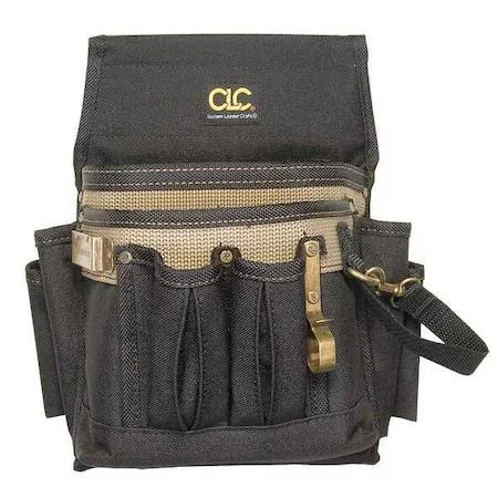 Black polyester tool pouch with ten outer pockets, open top, belt snap loop, tape clip and metal tool clip