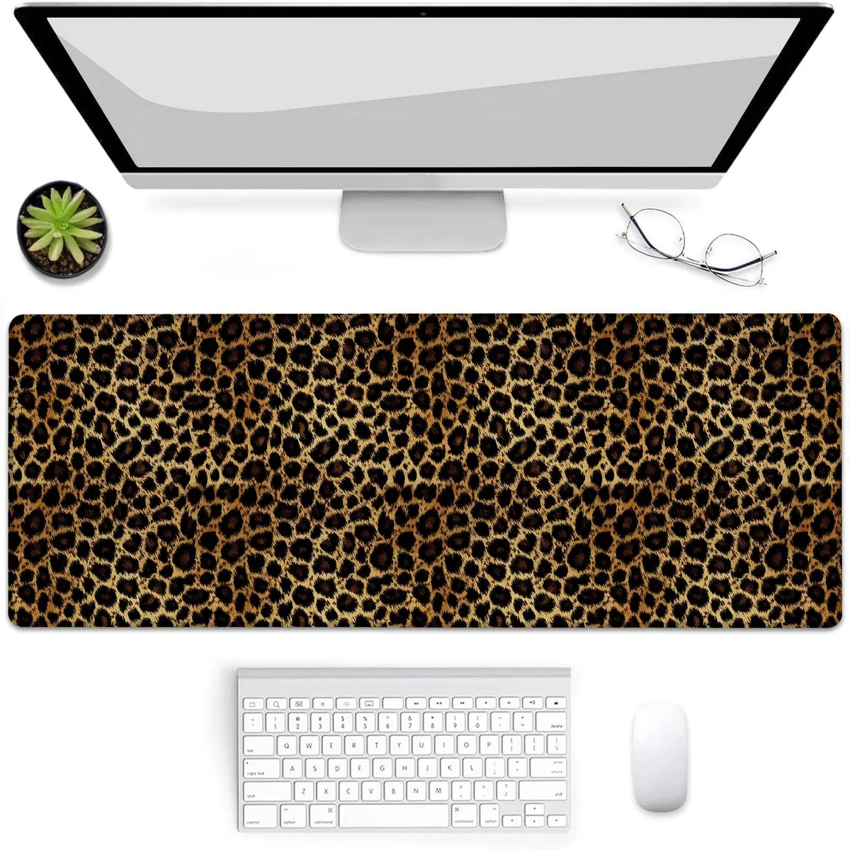 Large rectangular mouse pad, leopard print microfiber top, black rubber base, 31.5 by 11.8 inches