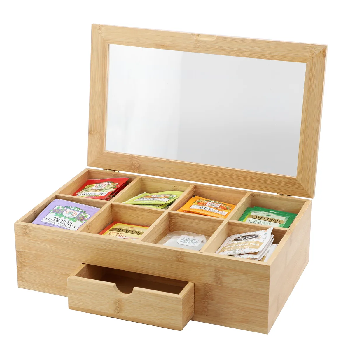 MegaChef MegaChef Bamboo Tea Box Organizer 13 x 8 Inch Acrylic Window Eight Sections Bonus Drawer — product photo