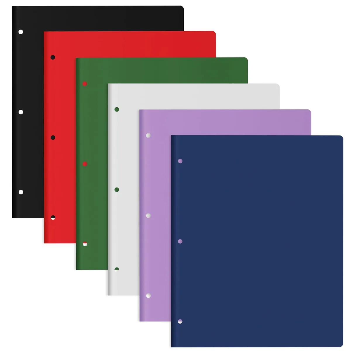 Six assorted colour plastic folders with two pockets and three holes for letter size paper