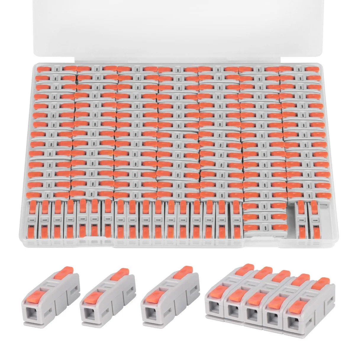 Black lever wire connectors in a 120-piece pack, compact inline terminals with spring levers
