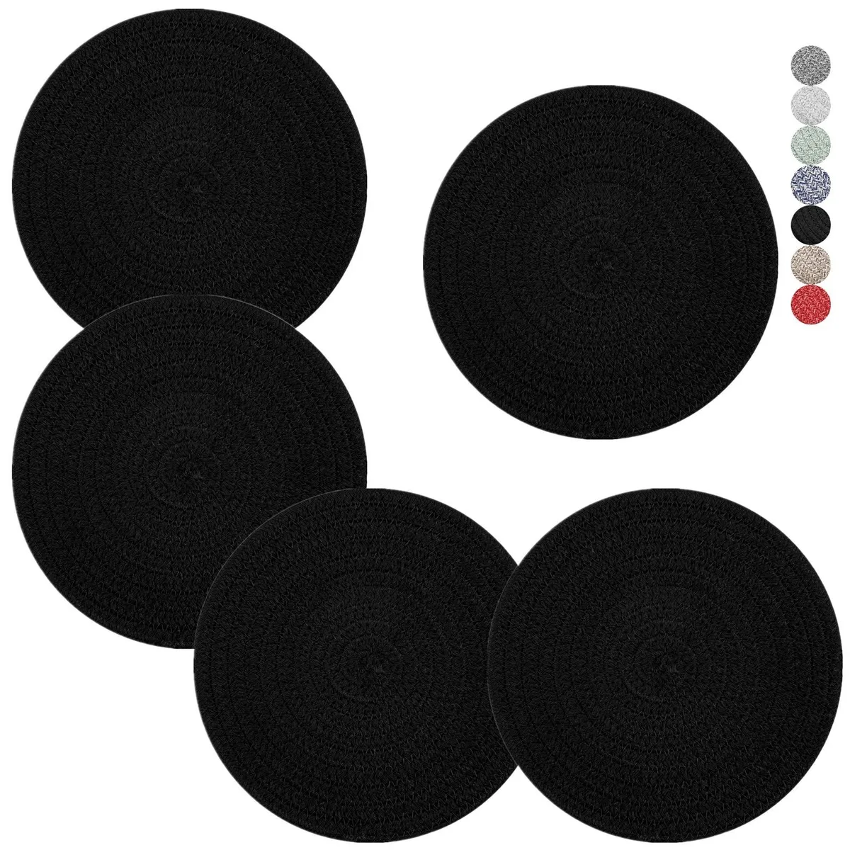 Five black woven cotton trivets, eight inches round, point three eight inches thick