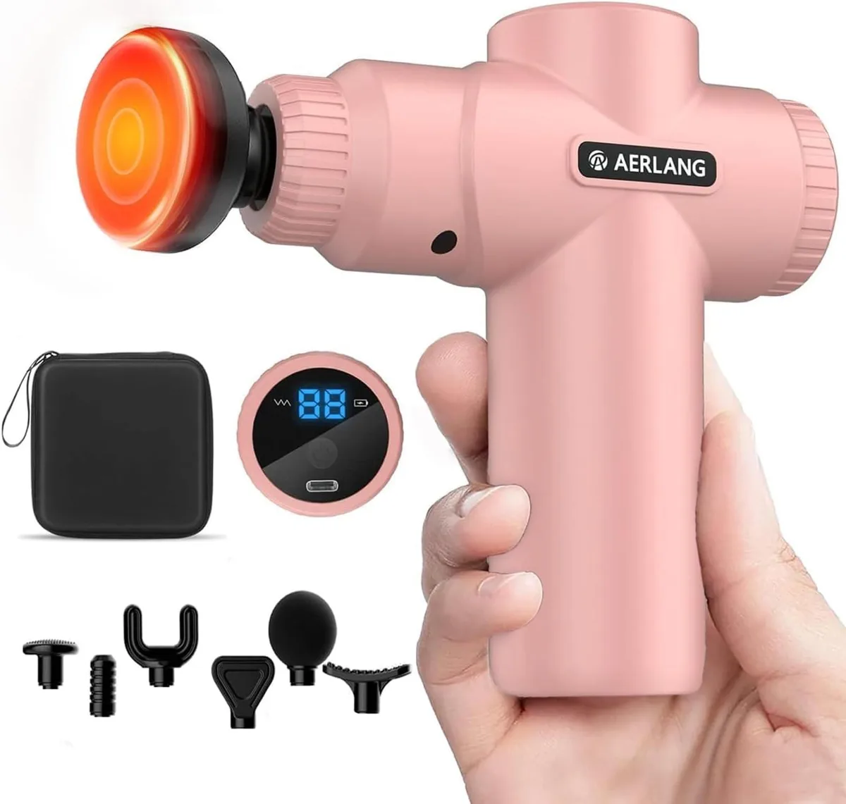Pink handheld mini massage gun with heat function, compact plastic body, carry case included