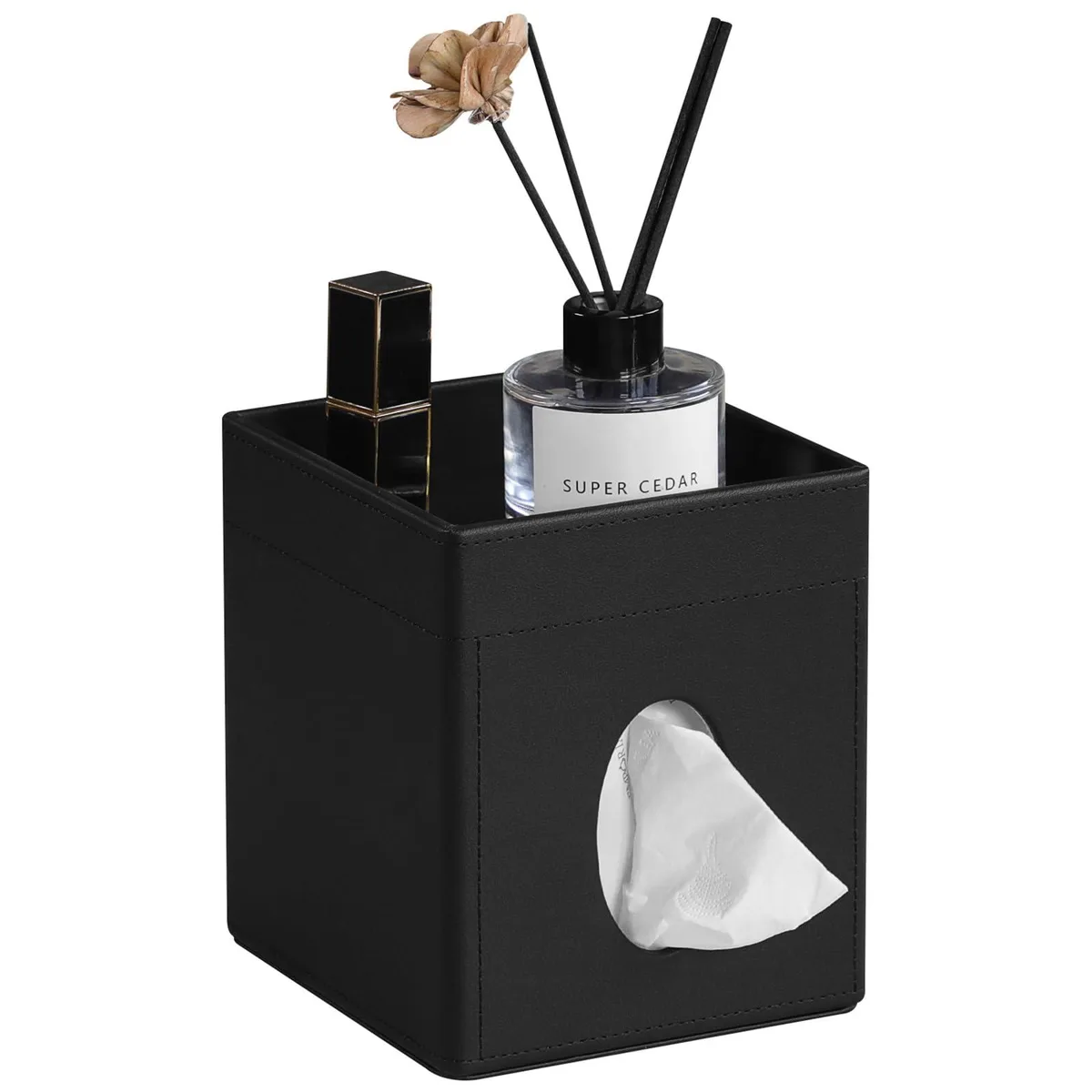 Square black PU leather tissue box cover with top storage tray
