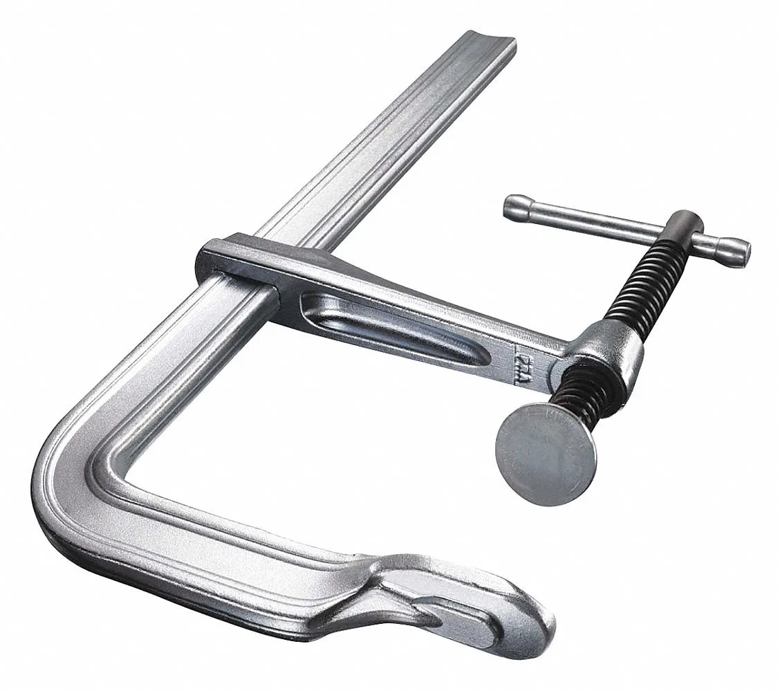 Silver steel F-style bar clamp with forged handle and swivel pad