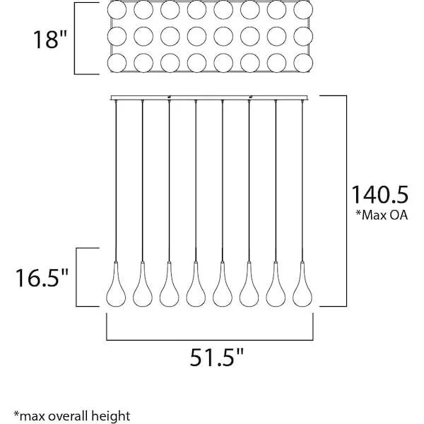 Polished chrome linear pendant with 24 clear glass shades, 18 inches wide