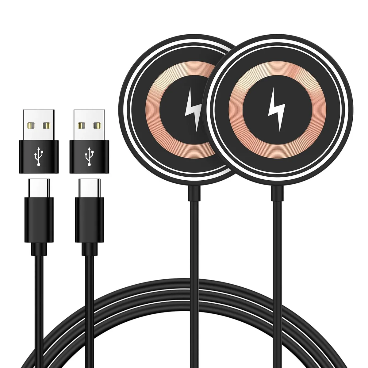 Two slim circular charging pads with dark silicone tops and integrated USB-C cables