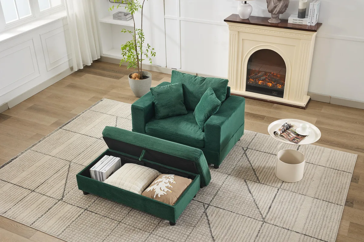 Green corduroy chaise lounge with removable storage ottoman and pillows